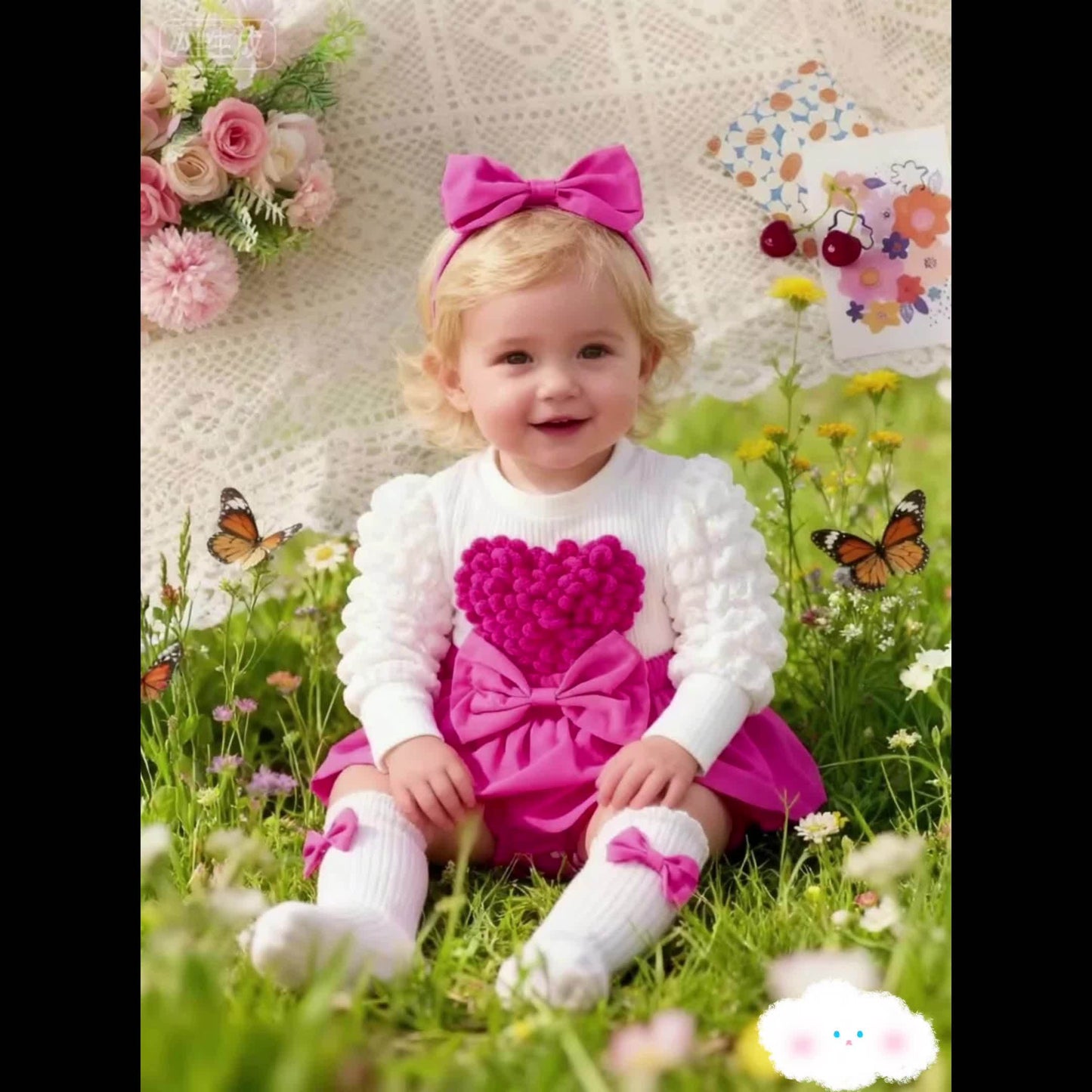 Baby Girl'S Heart & Bow Print Bodysuit with Ruffled Sleeves & Bow Detail - Long Sleeve Winter Outfit, Soft Pink & Color Block, Perfect for Fall/Winter, for Outdoor