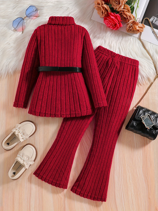 2pcs Girls' Elegant Winter Knit Outfit Set - Soft Red High-Neck Sweater & Wide-Bell Bottom Pants with Elastic Waist, Cozy 2pcs Ensemble for Christmas Parties, Casual Attire, Machine Washable ( to Early Teen), Perfect for Outd