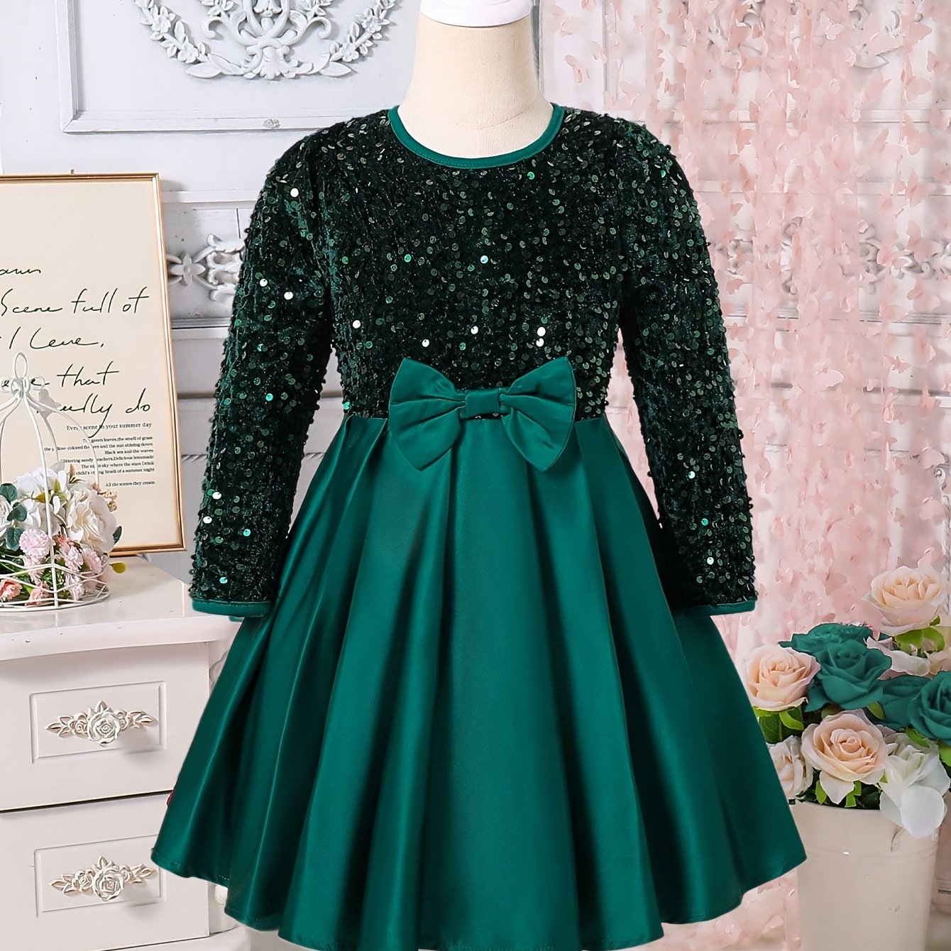 Girls' Elegant Long Sleeve Sequin & Mesh Princess Dress with Bow Detail - Emerald Green A-Line Short Dress, Machine Washable for Spring/Fall Formal Events