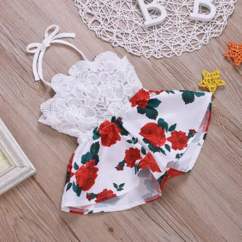Toddler Baby Girl Floral Lace Romper Jumpsuit Overalls Kids Girls Summer Halter Sleeveless Rompers Outfit Clothes Playsuit Tops
