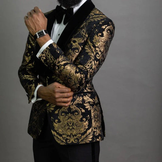 Floral Jacquard Blazer for Men 1 Piece Male Suit Jacket with Velvet Shawl Lapel Slim Fit for Prom African Fashion Wedding Groom