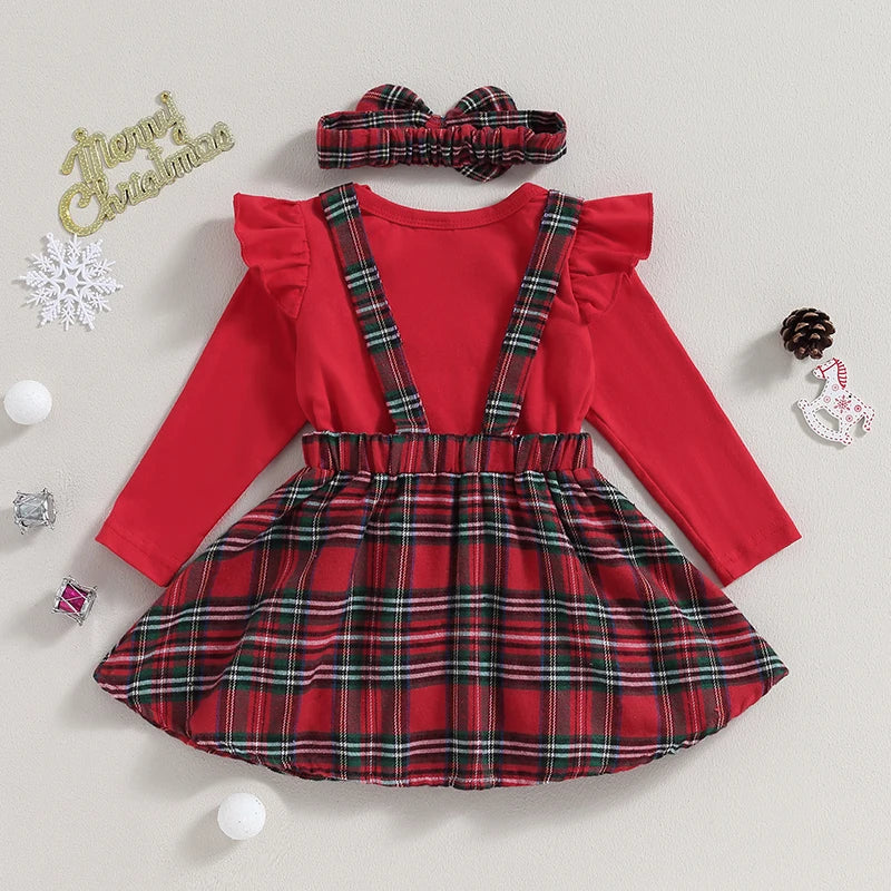 Infant Girl Christmas 3Pcs Outfit Ruffled Long Sleeve Romper A-Line Elk Embroidery Plaid Skirt Bow Headband Set