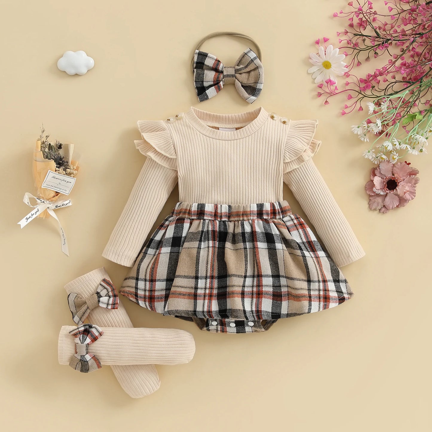 Baby Girl Fall Outfits Long Sleeve Plaid Print Skirt Bodysuit with Headband Socks Set Infant Clothes