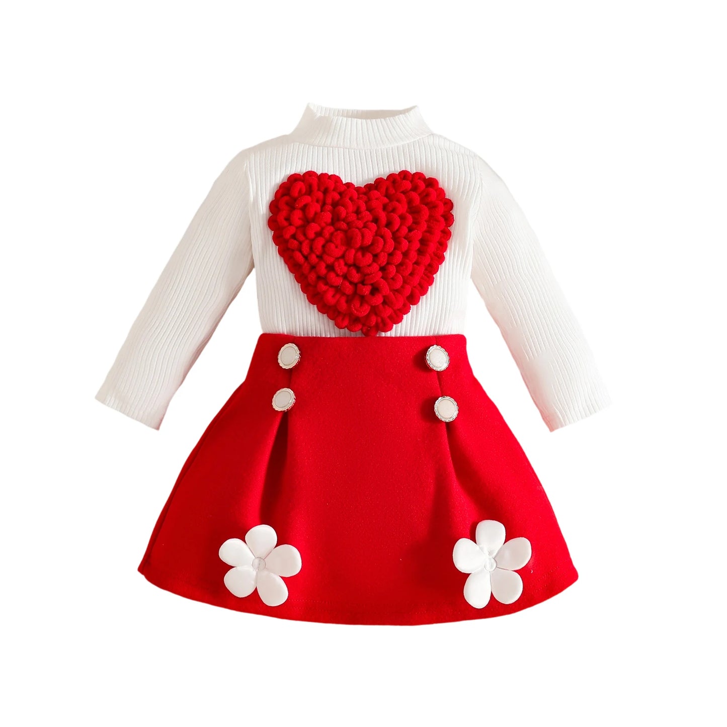 Pudcoco Toddler Baby Girl Fall Outfit Heart Mock Neck Long Sleeve Tops with 3D Flower Mini A Line Skirt 2Pcs Set 6M-4T