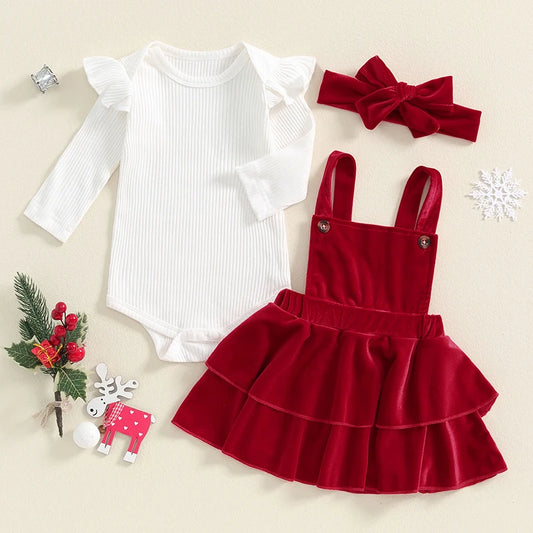 Baby Girl Christmas Outfits Solid Color Ribbed Knit Romper Velvet Ruffles Suspender Skirt Headband 3Pcs Clothes Set