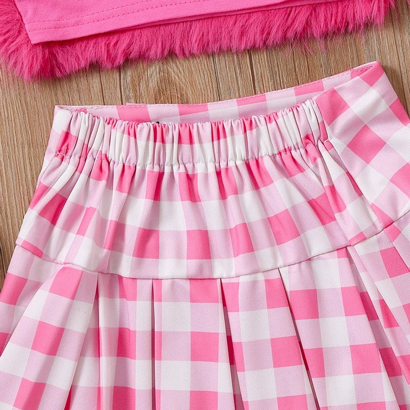 Kids Girl Summer Outfit Casual Plush Sleeveless Camisole Elastic Plaid Pleated Skirt with Crossbody Bag Set for Toddler 2-8Y