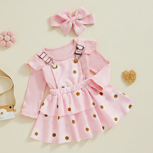 Baby Girls Fall Outfit Ribbed Long Sleeve Romper and Floral Suspender Skirt Cute Headband 3 Piece Clothes