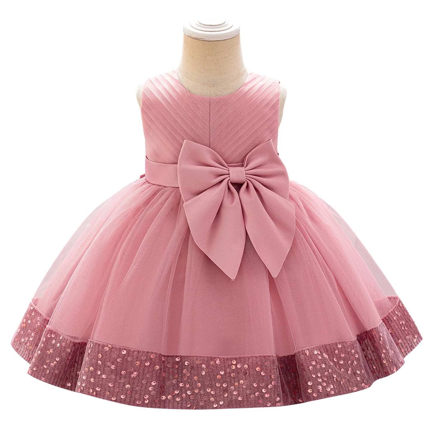 Girls Sleeveless Round Neck Sequins Hem Tulle Patchwork A-line Dress with Sparkling Embellishments and Bow Detail