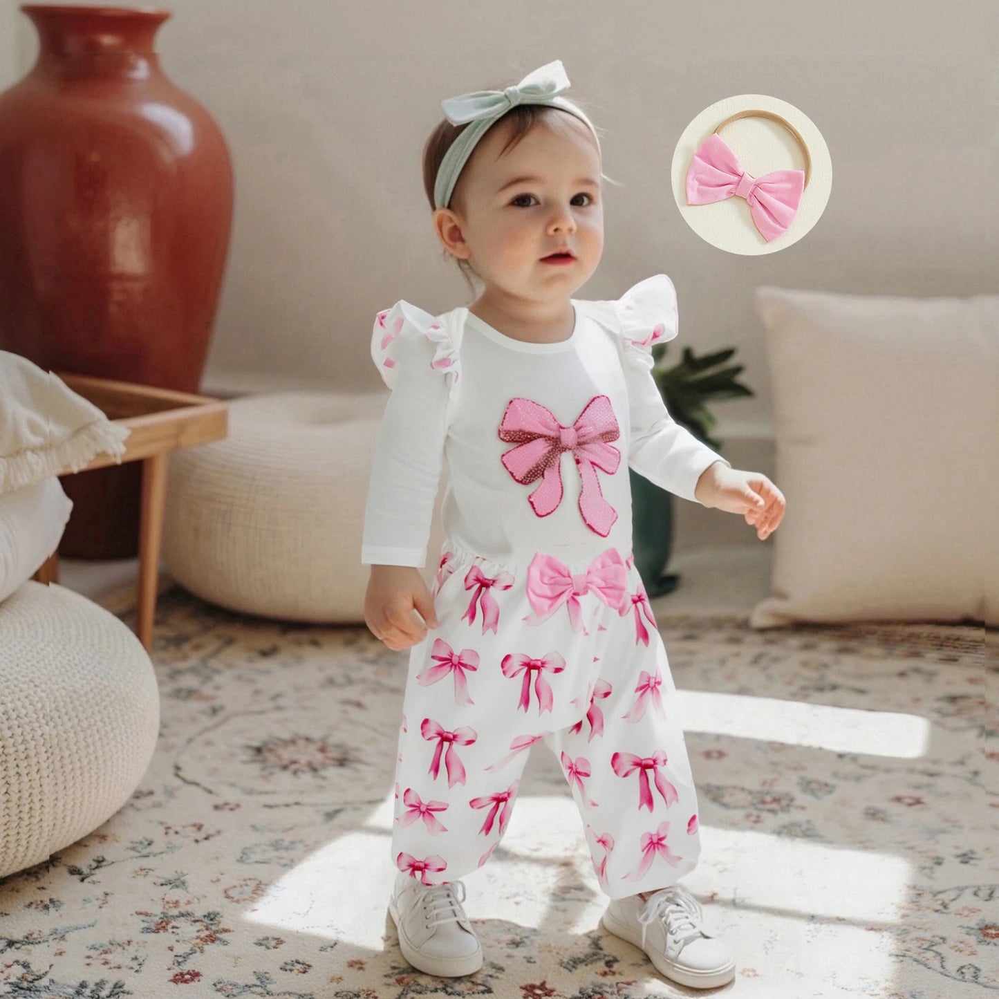 Baby Girl Fall Outfits Bow Print Long Sleeve Crew Neck Romper with Elastic Waist Pants and Headband 3 Pcs Set