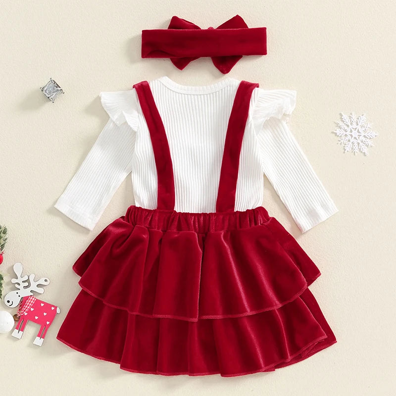 Baby Girl Christmas Outfits Solid Color Ribbed Knit Romper Velvet Ruffles Suspender Skirt Headband 3Pcs Clothes Set