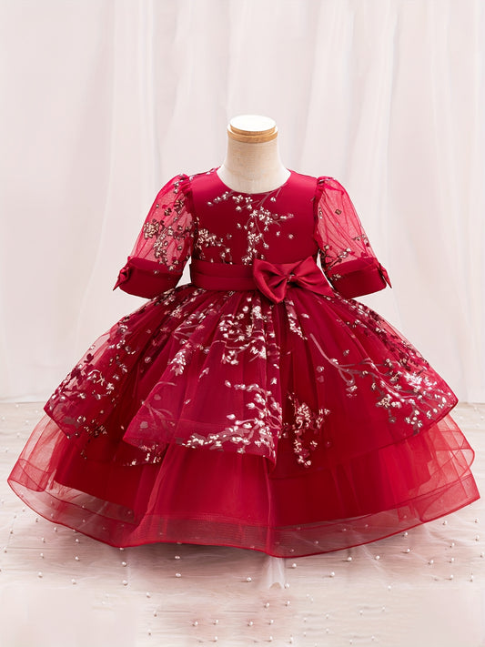 Girls' Summer New Puff Sleeve High-End Dress with Bow, Elegant Princess Dress, Christmas Dress, Christmas Gift