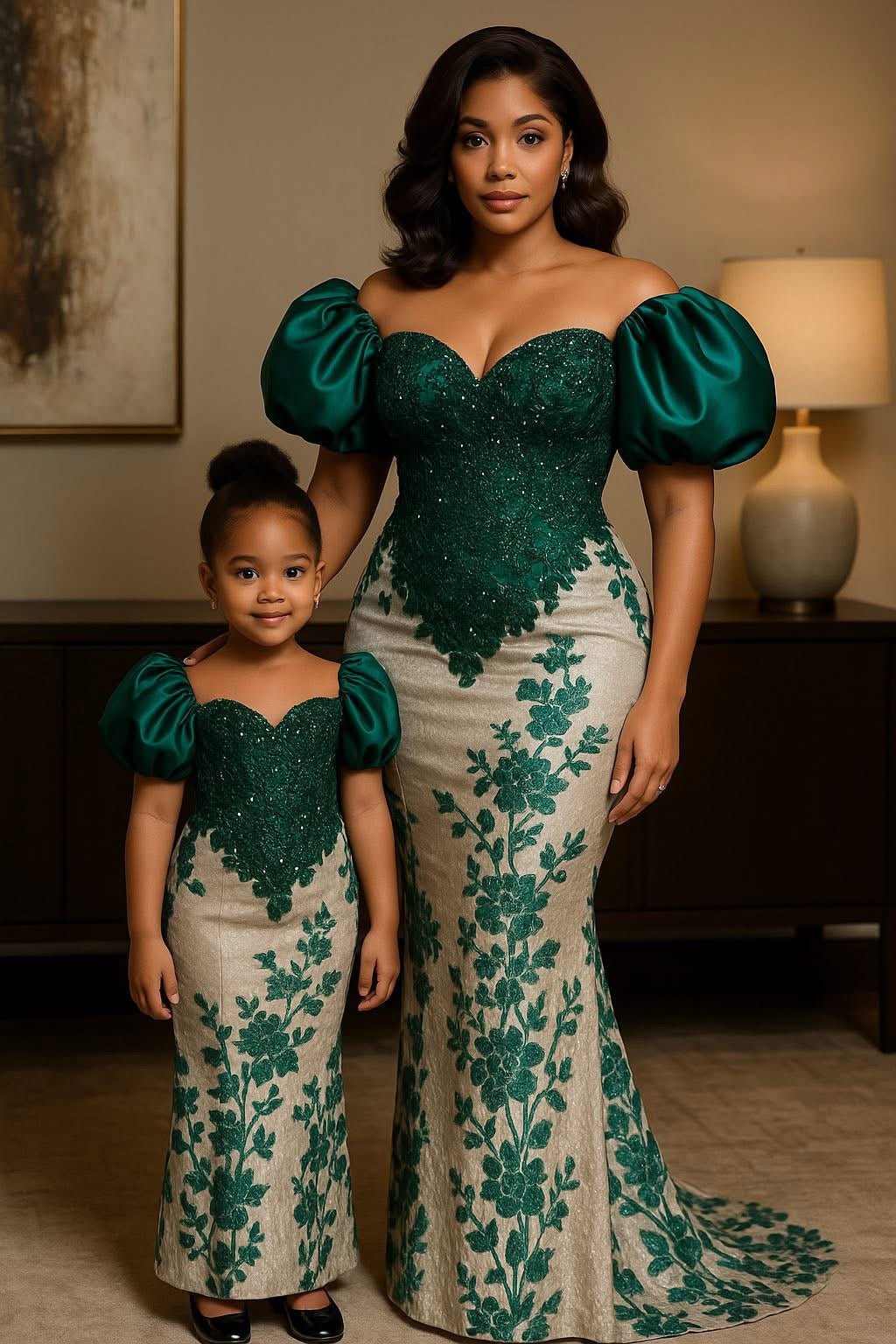 Emerald Bloom | Mother & Daughter Couture Gown Set | Made - to - Order | Tessy Modest Home - Tessy Modest Home