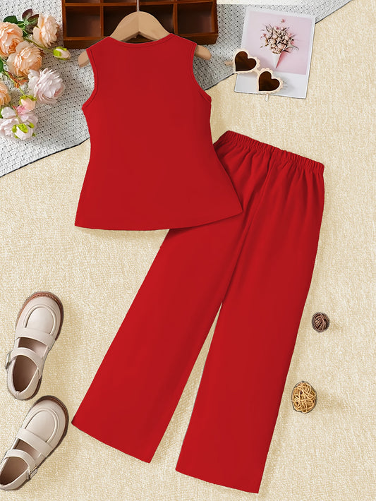 Girls' Fashion Sleeveless Vest and Pants Set, Top with Three Buttons, One Side of the Hem in a Pleated Style; Wide-Leg Trousers with Elastic Waistband. Suitable for Spring, Summer, and Autumn Wear, Perfect for Outdoor
