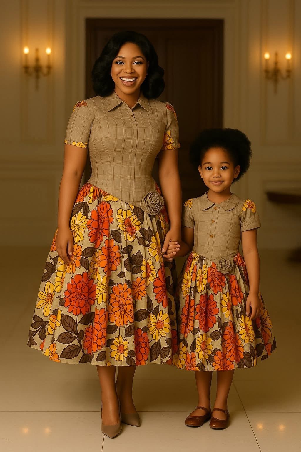 Golden Bloom | Mother - Daughter Matching Floral Shirt Dress Set | Made - to - Order | Tessy Modest Home - Tessy Modest Home