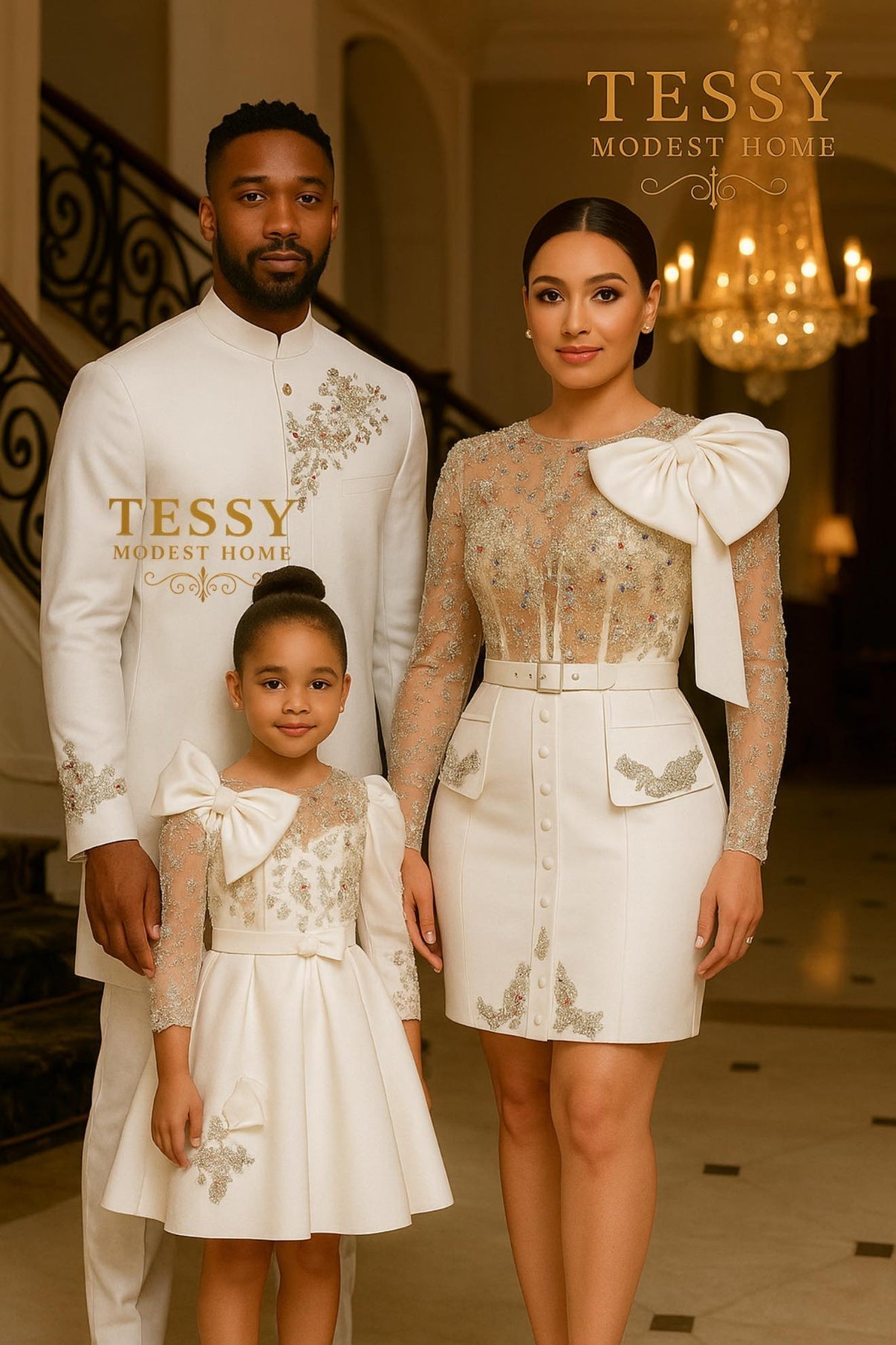 Golden Grace | White & Gold Family Formal Set | Made - to - Order | Tessy Modest Home - Tessy Modest Home