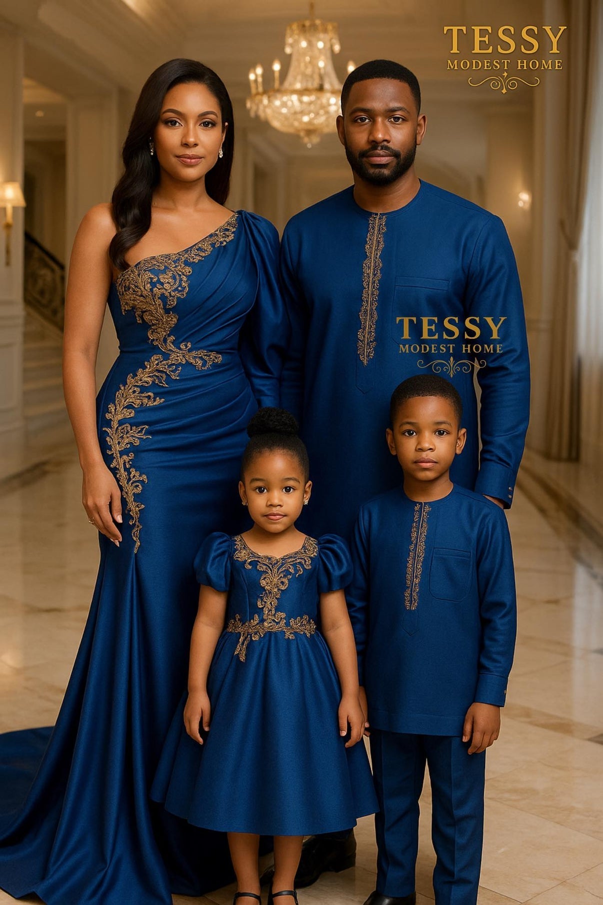 Golden Royalty | Navy & Gold Family Ensemble | Made - to - Order | Tessy Modest Hom - Tessy Modest Home