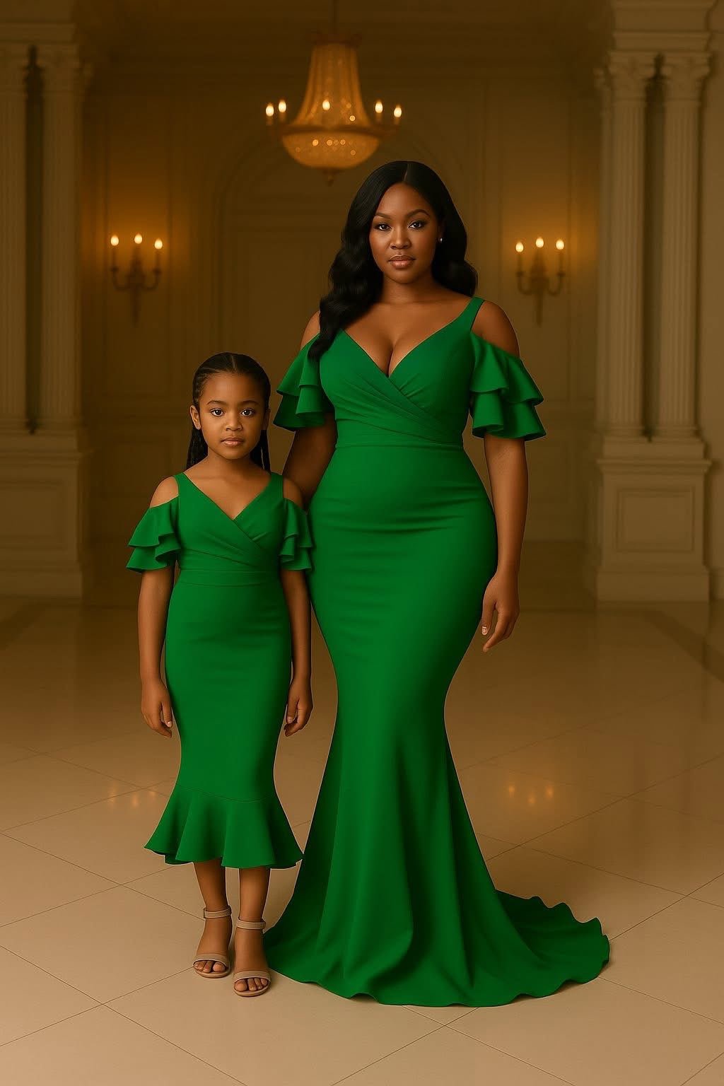 Graceful Harmony | Green Ruffle Sleeve Mother - Daughter Gown Set | Made - to - Order | Tessy Modest Home - Tessy Modest Home