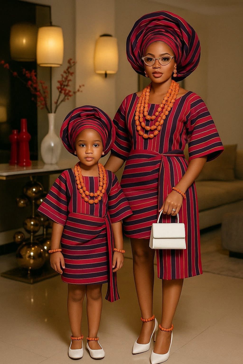 Heritage Stripes | Mother & Daughter Aso Oke Set | Made - to - Order | Tessy Modest Home - Tessy Modest Home