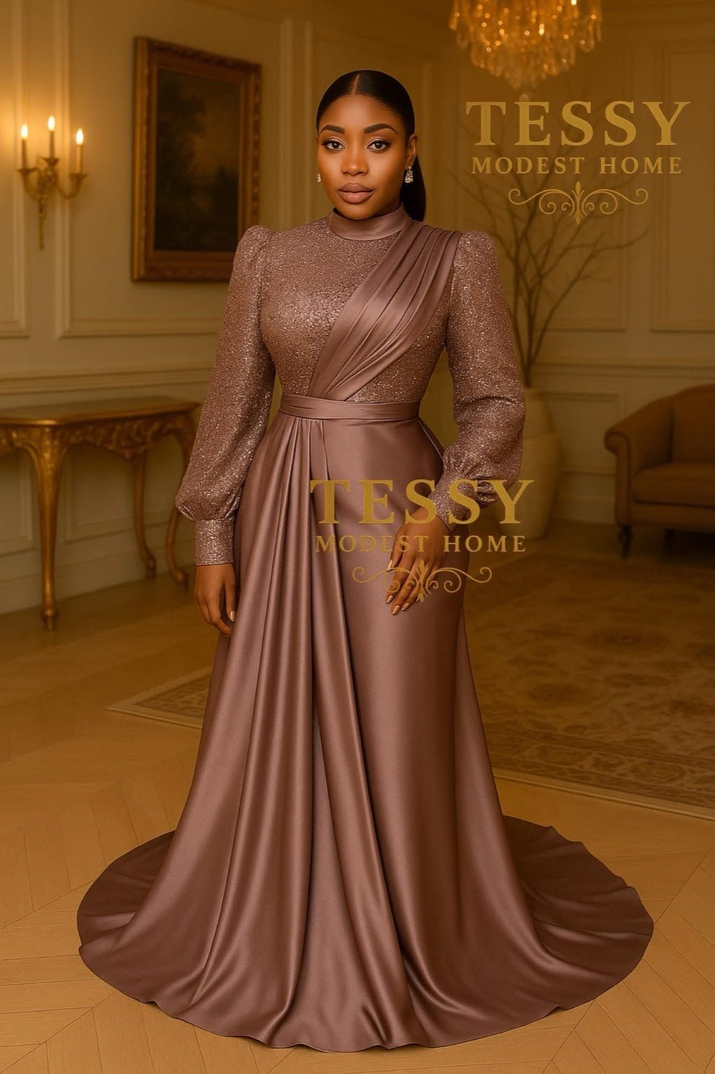 Mocha Royale Gown | Chocolate Brown Long Sleeve Evening Dress | Made to Order | Tessy Modest Home - Tessy Modest Home