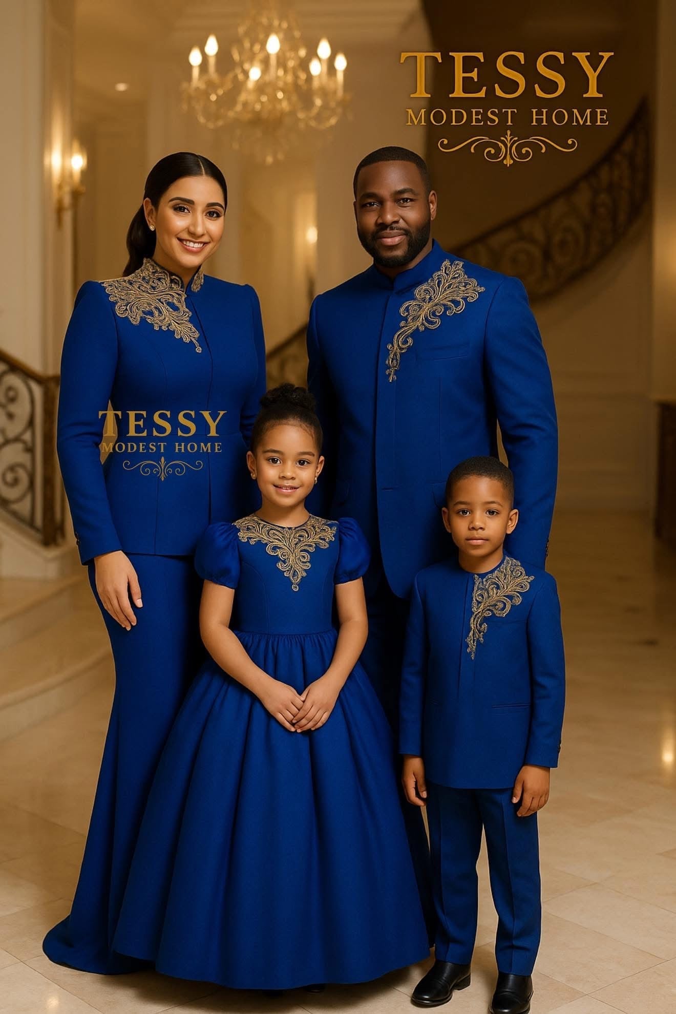 Noble Grace | Navy Blue & Gold Family Formal Set | Made - to - Order | Tessy Modest Home - Tessy Modest Home