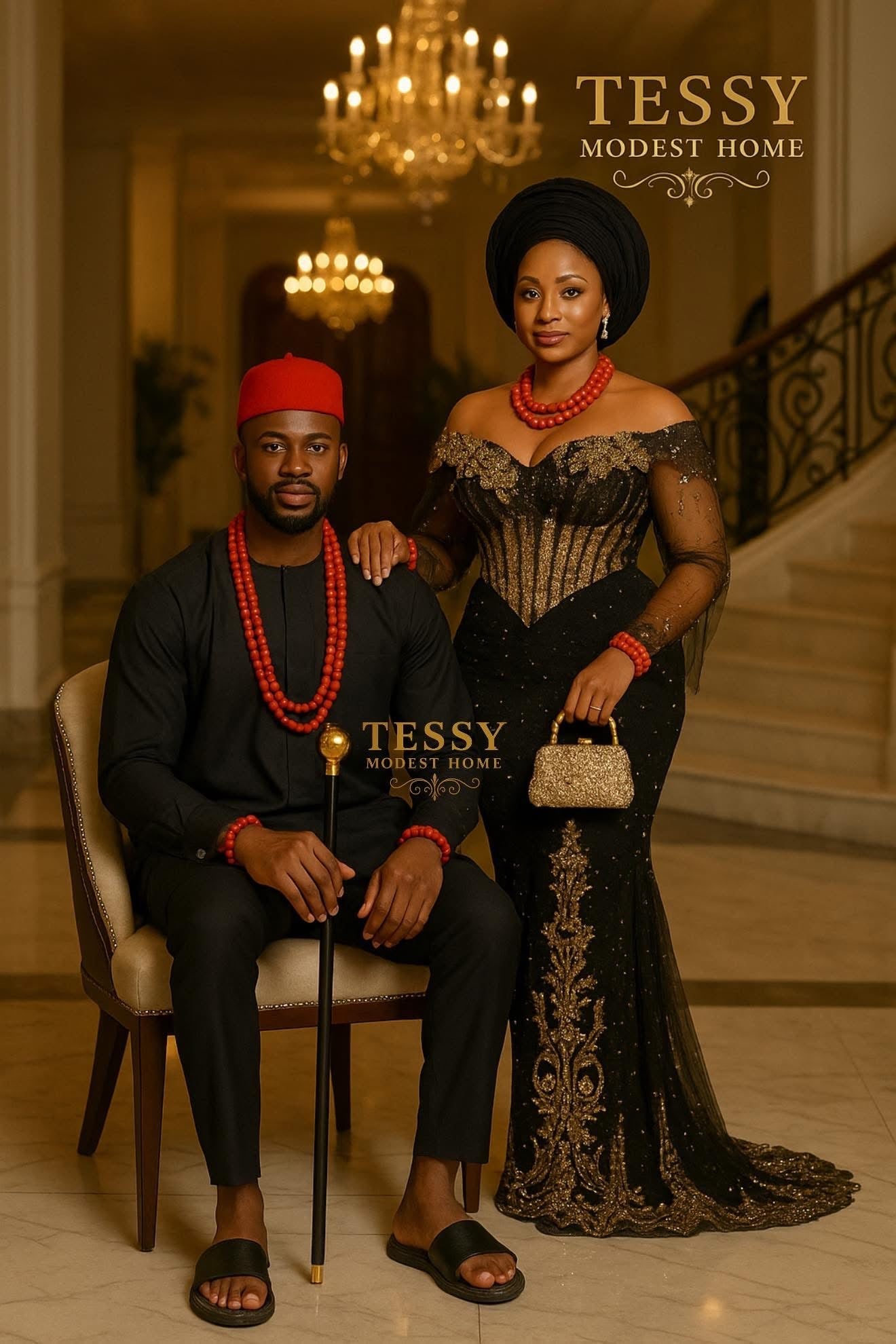 Regal Heritage | Black & Gold Igbo Traditional Couple Set | Made - to - Order | Tessy Modest Home - Tessy Modest Home