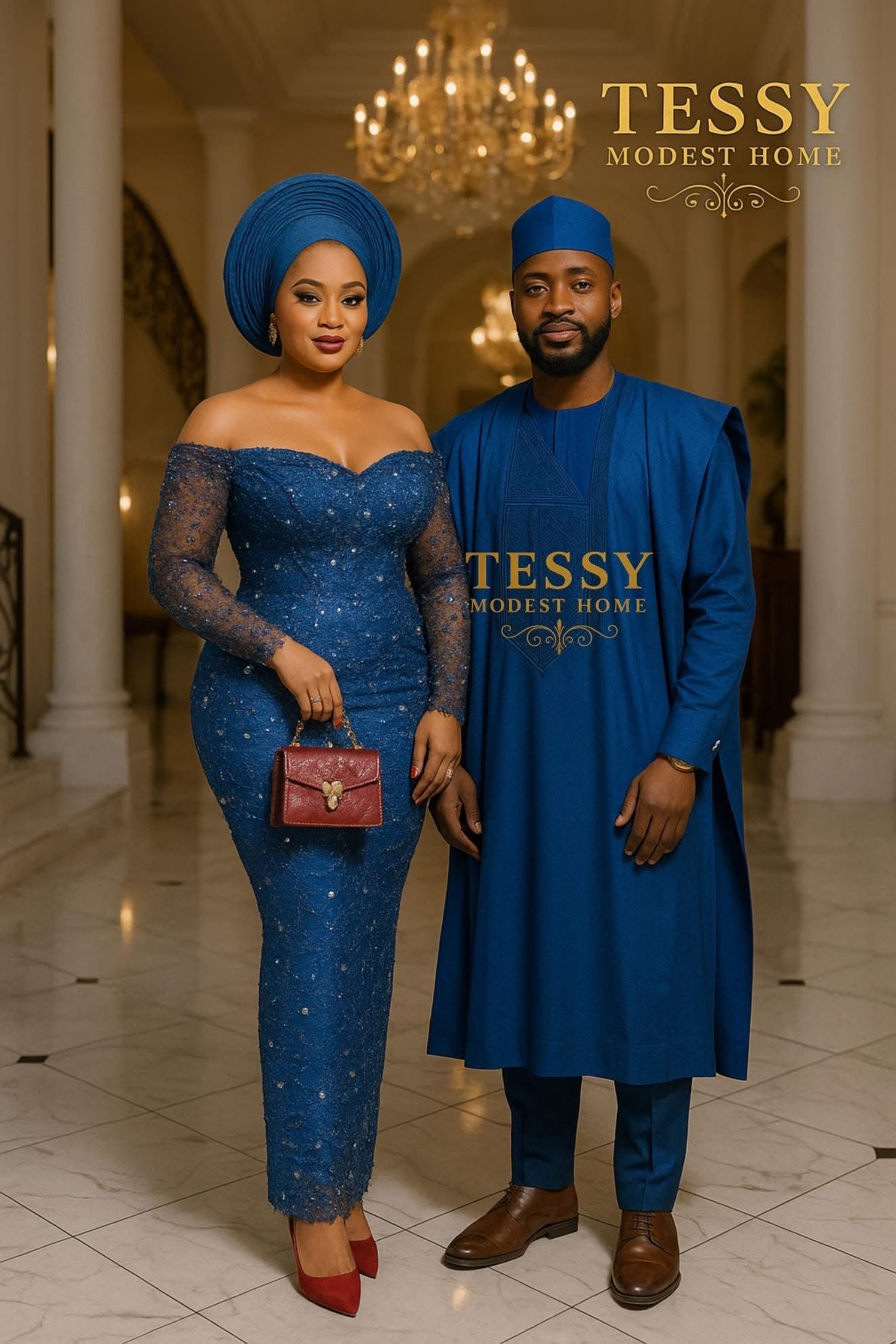 Royal Azure | Blue Lace and Agbada Couple Set | Made - to - Order | Tessy Modest Home - Tessy Modest Home