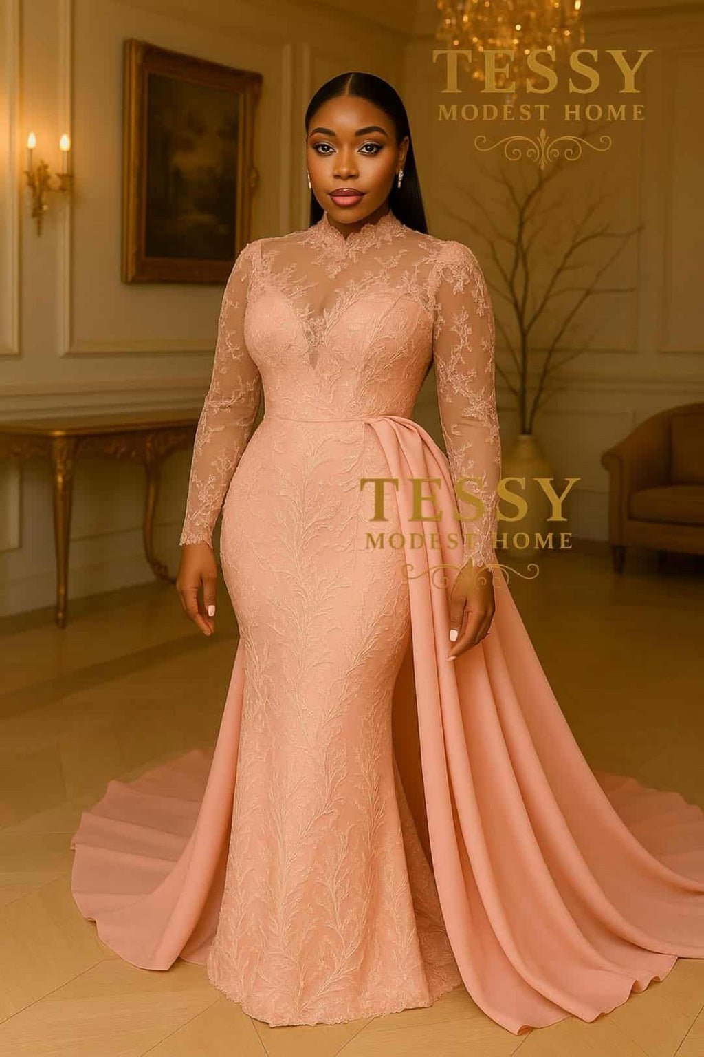 The Gracious Empress |Blush Lace Elegance Gown | Tessy Modest Home Formalwear - Tessy Modest Home