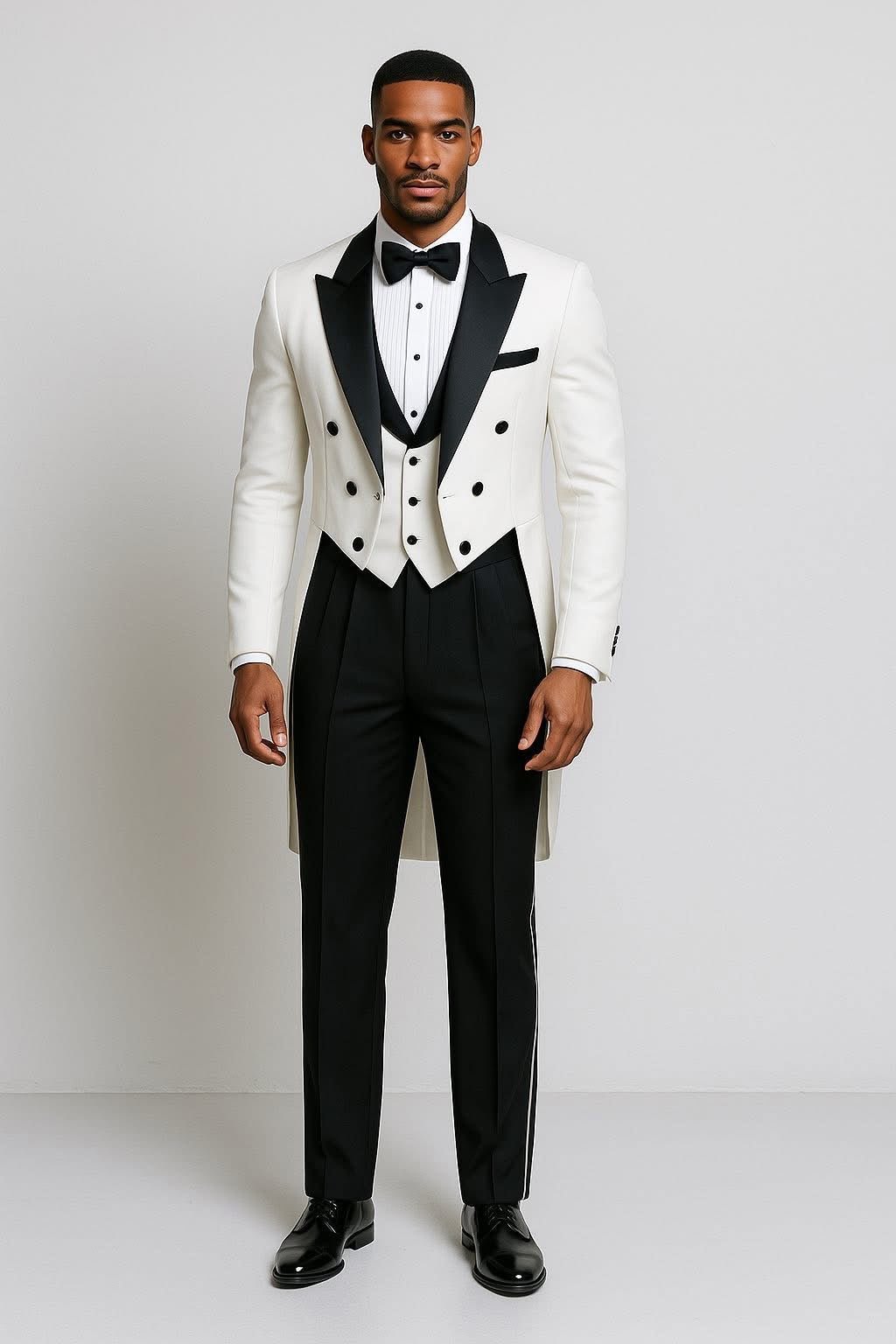 White Tailcoat Tuxedo with Black Lapel | Tessy Modest Home | Made - to - Order Luxury Formalwear - Tessy Modest Home