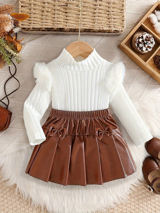 2pcs Girls' Fashionable Spring/Autumn Set: Knit Long Sleeve Plush Flutter Sleeve Top + Bow Tie Elastic Waist Pleated Skirt. Perfect for Outdoor Youthful and Elegant Outfit