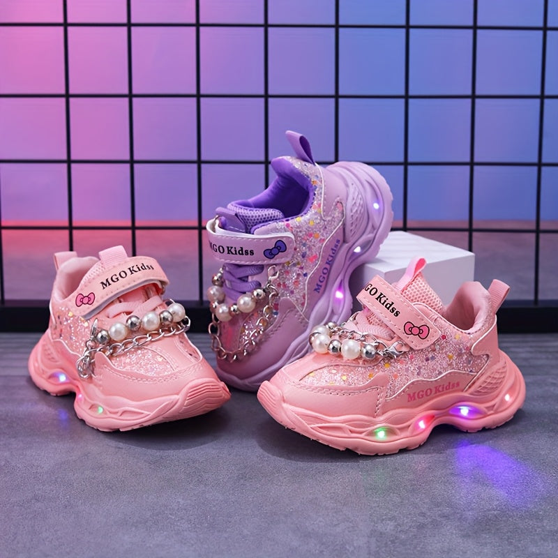 MGO Kidss Girls' LED Light-Up Sneakers with Beads & Bows - Glowing Shoes for Night Walks, Parties, - Low-Top Sparkling Dance Shoes (Pink/Purple) Ages 1-6 Years, Easy Closure, PU/PVC/ (-Free)