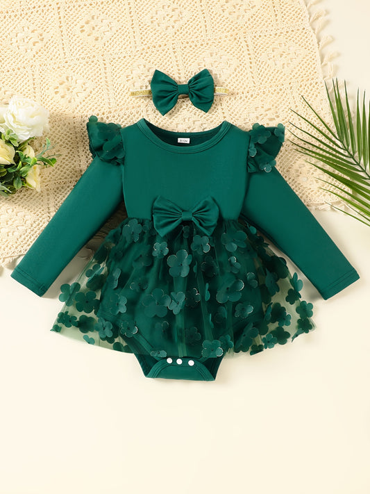 2-Pack Girls' Christmas/Halloween Casual Fashion Dress, Round Neck Bow Tie Patchwork 3D Flower Mesh Long Sleeve + Two-Piece Set with Butterfly Headband - Stretchy Machine Washable Fabric for Newborn Party Gatherings and Outdo