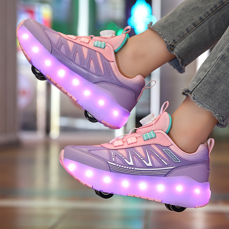 LED Light-Up Girls' Roller Skates with Rotating Brightness & Detachable Wheels - USB Rechargeable Low-Top Sneakers, Adjustable Straps, TPR Sole for All-Season Casual Sports & Rollerblading, Shoes for Girls, Sleek Shoe Design,