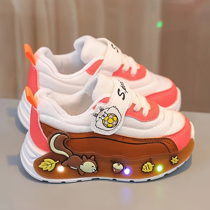 Girls' LED -Up Sneakers with Glowing Soles & Cute Squirrel/Mushroom/Tomato Print - Multicolor Low-Top Closure Sparkling Shoes for Parties,, Casual Attire - All-Season Kids' Flash Shoes (Pink/Green/White)
