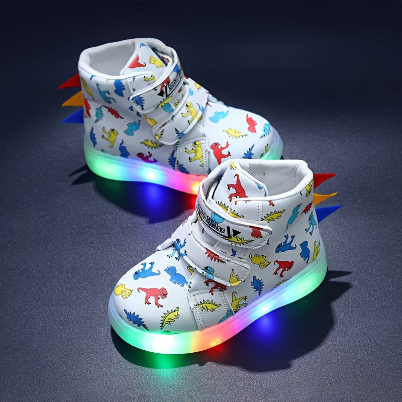 2025 New Kids' Colorful Dinosaur Glow-in-the-Dark Casual Sneakers, Cool Style, Dino Shoes for Kids, 's Sneakers, Everyday Kids Shoes, Playful Footwear, Fun Cartoon Design, Comfortable Fit, Durable Kids Shoes, Round Toe Shoes,