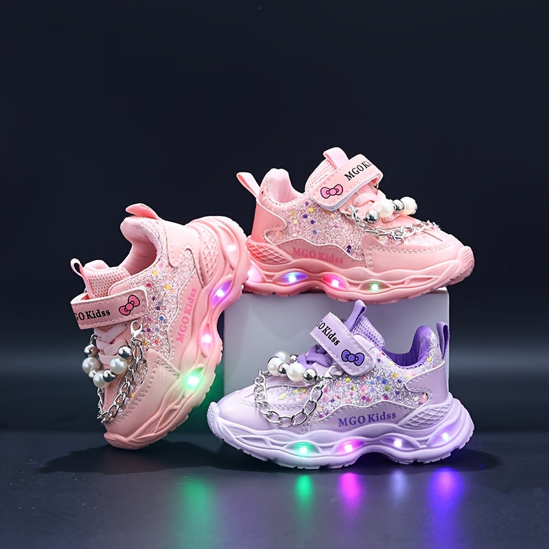 MGO Kidss Girls' LED Light-Up Sneakers with Beads & Bows - Glowing Shoes for Night Walks, Parties, - Low-Top Sparkling Dance Shoes (Pink/Purple) Ages 1-6 Years, Easy Closure, PU/PVC/ (-Free)