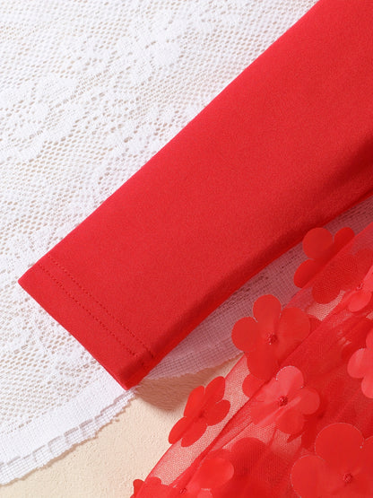 2-Pack Girls' Christmas/Halloween Casual Fashion Dress, Round Neck Bow Tie Patchwork 3D Flower Mesh Long Sleeve + Two-Piece Set with Butterfly Headband - Stretchy Machine Washable Fabric for Newborn Party Gatherings and Outdo