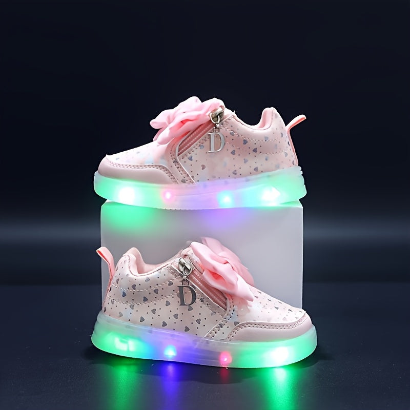 Girls' LED Light-Up Sneakers with Double Zipper Closure, Pastel Blue & Pink Glittery Design, Comfortable Low-Top Shoes for Youngsters & Toddlers - All-Season Casual & Party Wear, Shoes for Girls, Youngsters'S Footwear, Playfu