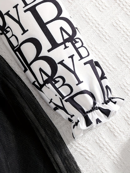 2pcs Set Girls' Trendy Long-Sleeve Shirt + Elastic Waist Mesh Skirt Spring/Autumn Fashion Street Style Letter Print Shirt with Bow Detail Short Dress Two-Piece Flounce Collar Button-Up Cardigan Puff Sleeve Princess Dress Soft