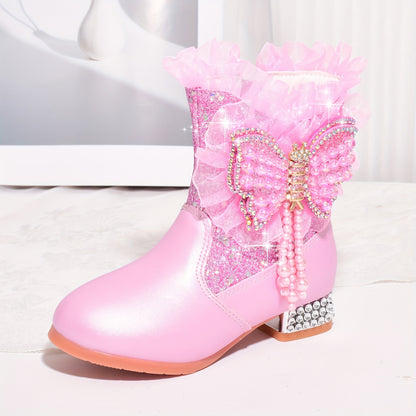 Shoes with Fleece for Winter, Stylish Short Boots for Girls, New Warm High-Heeled Princess Shoes with Bows for Snowy Days.