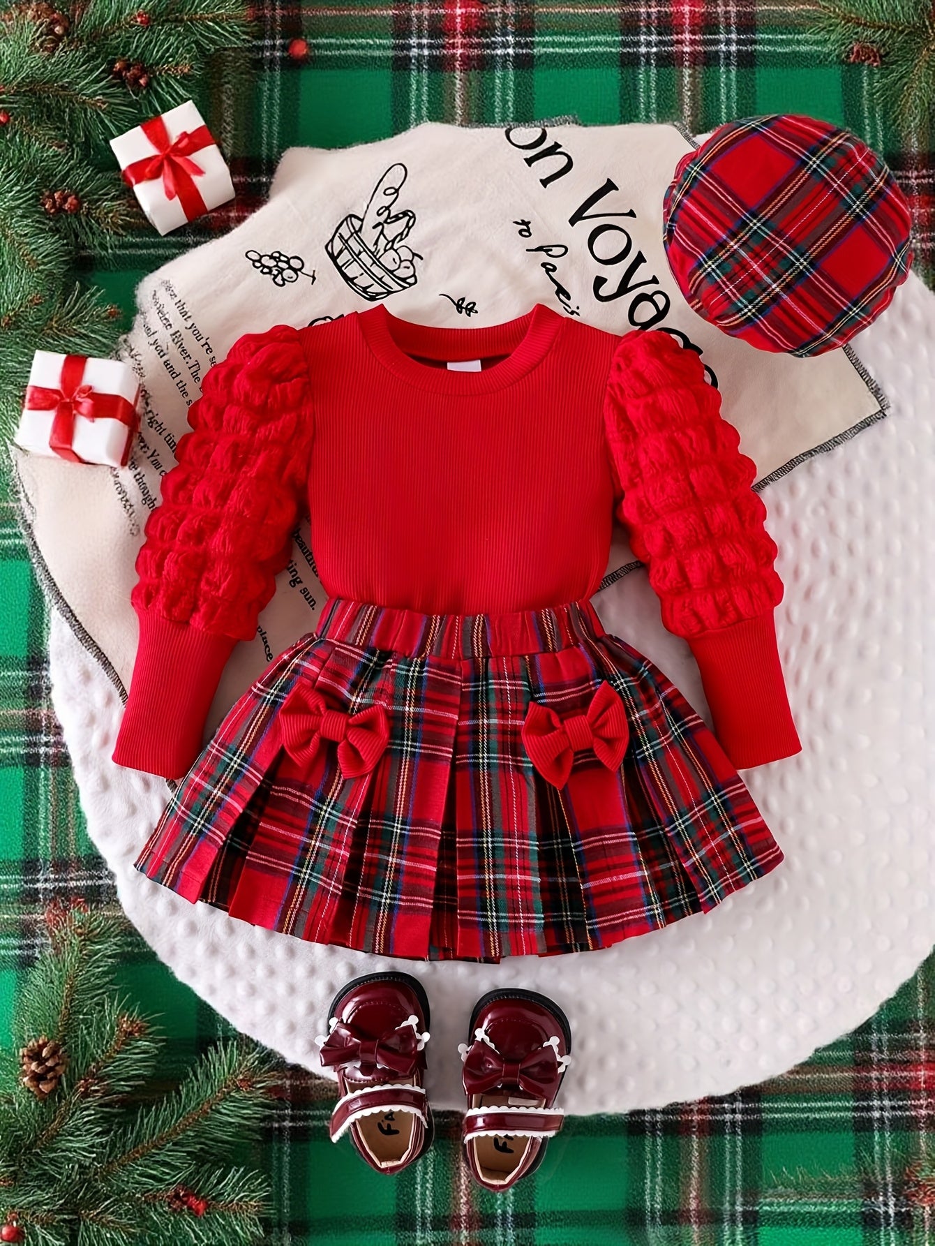 Girls' Red Bubble Long Sleeve Top and Double Bow Red Plaid Skirt with Hat Casual Performance Outfit Three-Piece Set, Perfect for Outdoor, Perfect for, Christmas Clothes Kids