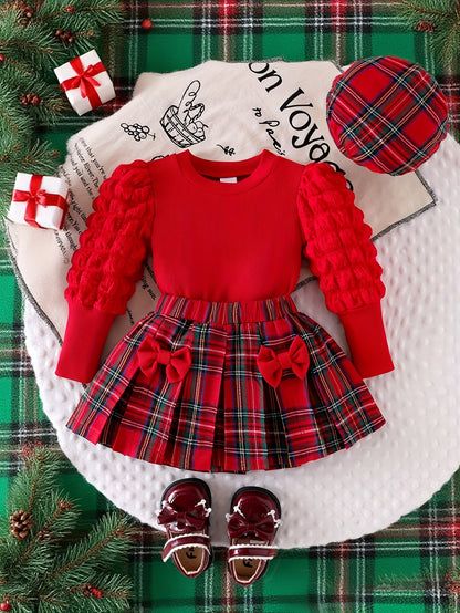 Girls' Red Bubble Long Sleeve Top and Double Bow Red Plaid Skirt with Hat Casual Performance Outfit Three-Piece Set, Perfect for Outdoor, Perfect for, Christmas Clothes Kids