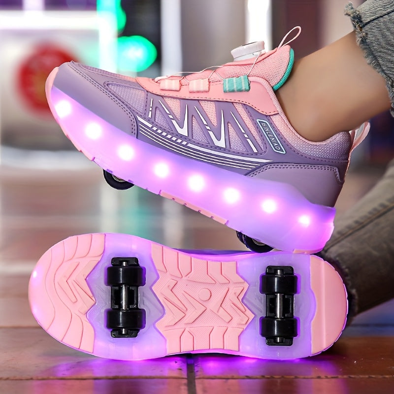 LED Light-Up Girls' Roller Skates with Rotating Brightness & Detachable Wheels - USB Rechargeable Low-Top Sneakers, Adjustable Straps, TPR Sole for All-Season Casual Sports & Rollerblading, Shoes for Girls, Sleek Shoe Design,