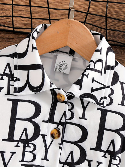 2pcs Set Girls' Trendy Long-Sleeve Shirt + Elastic Waist Mesh Skirt Spring/Autumn Fashion Street Style Letter Print Shirt with Bow Detail Short Dress Two-Piece Flounce Collar Button-Up Cardigan Puff Sleeve Princess Dress Soft