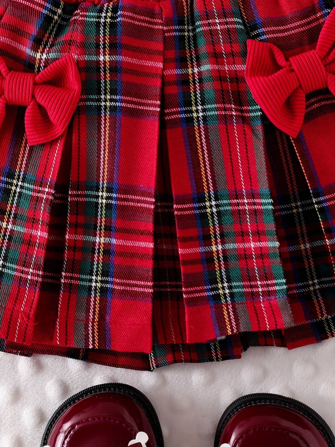 Girls' Red Bubble Long Sleeve Top and Double Bow Red Plaid Skirt with Hat Casual Performance Outfit Three-Piece Set, Perfect for Outdoor, Perfect for, Christmas Clothes Kids