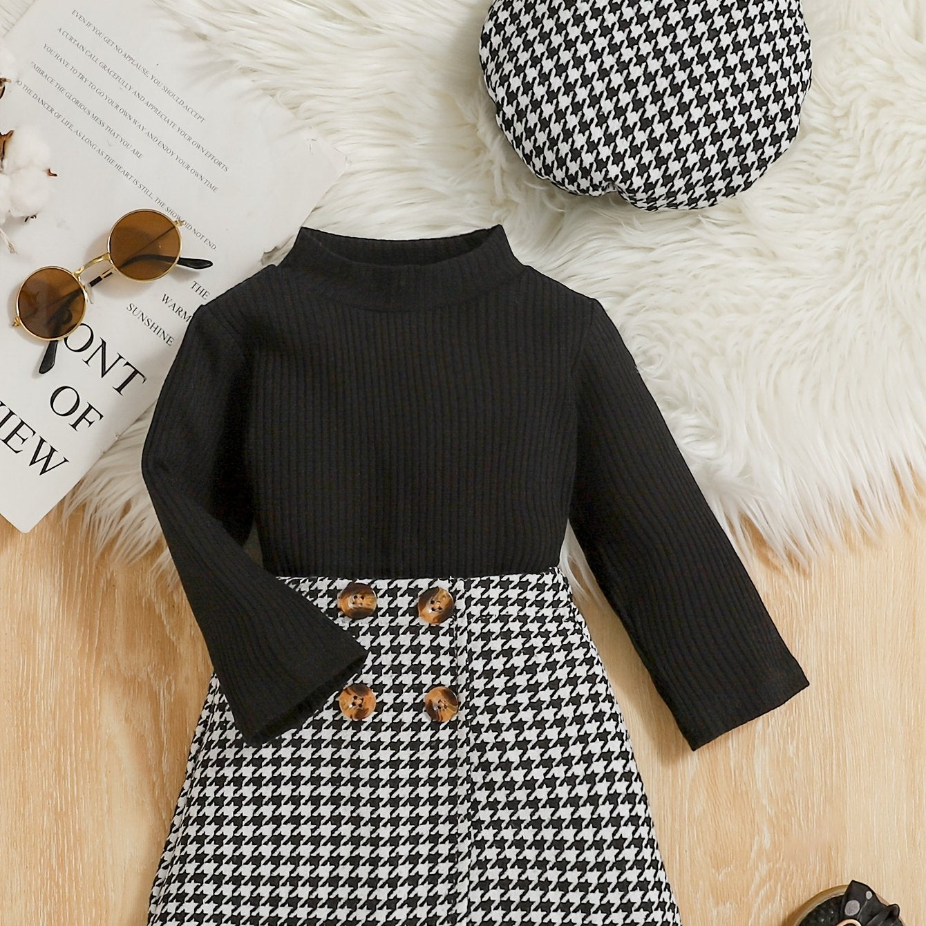 Girls' Three-Piece Set Ribbed Mid-Calf Long Sleeve Top + Houndstooth Skirt + Beret Hat, Perfect for Outdoor