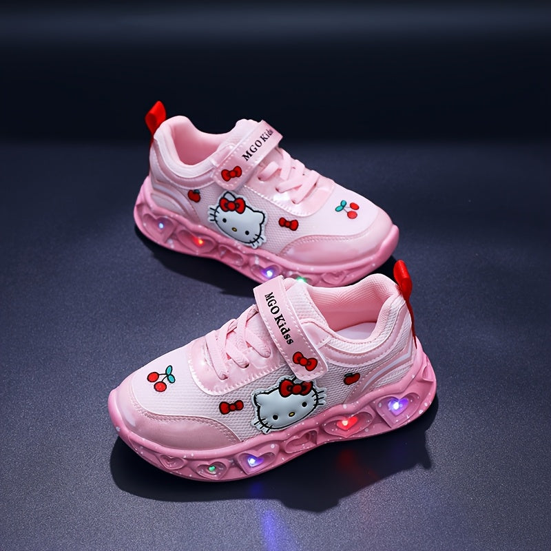 Girls' Glow-in-the-Dark Princess Sneakers with Lights - Pink & White Cartoon Design, Closure, Breathable Mesh Upper, Soft EVA Insole, Durable PVC Sole for Youngsters 1-6 Years, Spring Summer Casual Running Shoes, Shoes for Gi