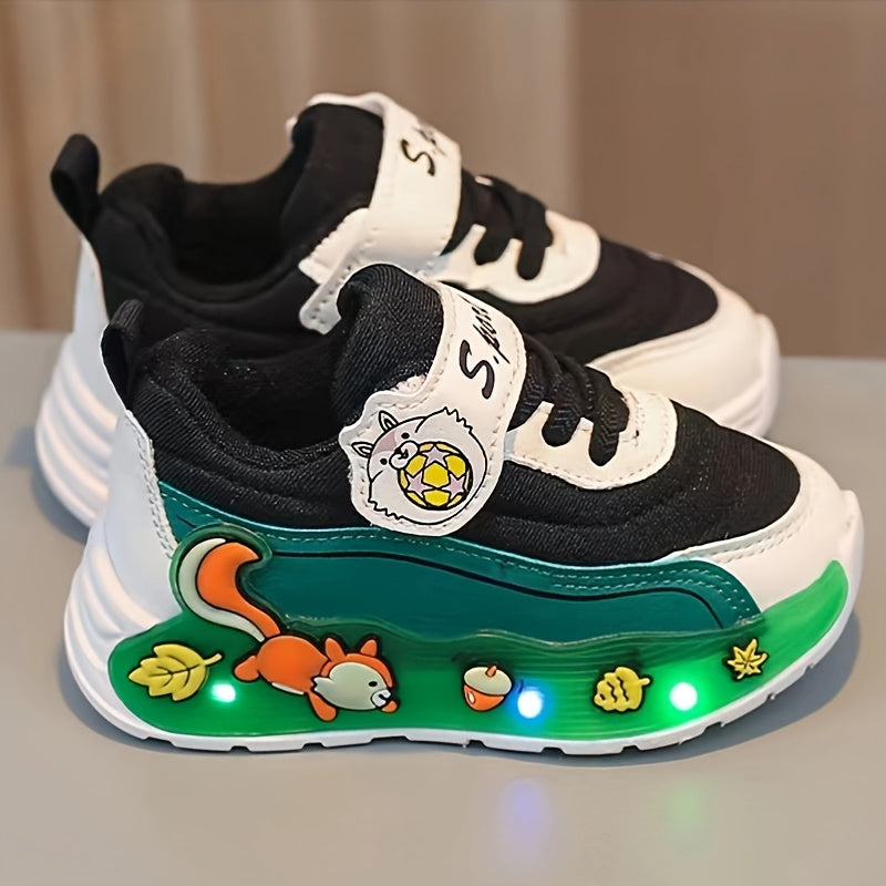 Girls' LED -Up Sneakers with Glowing Soles & Cute Squirrel/Mushroom/Tomato Print - Multicolor Low-Top Closure Sparkling Shoes for Parties,, Casual Attire - All-Season Kids' Flash Shoes (Pink/Green/White)