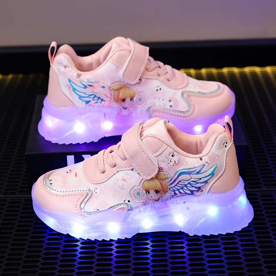 Girls & Glowing LED Sneakers with USB Charging, Low-Top Light-Up Shoes with Heart & Star Patterns, Pastel Pink/Clear Light Effects, Breathable PU Mesh & Cushioned TPR Sole for Nighttime Play,, - Magical Glow-in-the-Dark Shoes