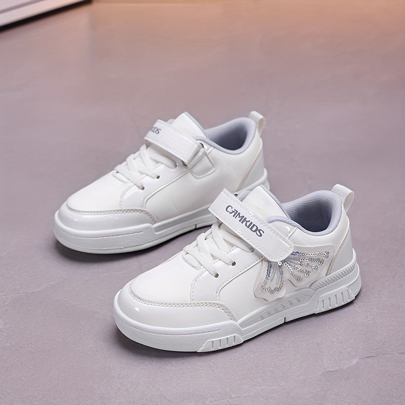 Girls' Sparkling Iridescent Rainbow Bow & Butterfly Sneakers - Purple/Pink Low-Top Lace-Free Magic Tape Closure, PU/ Cushioned Sole, All-Season Casual Shoes for, Playground & Casual Attire ( &)