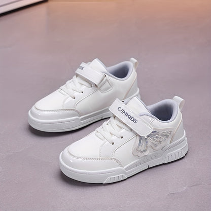 Girls' Sparkling Iridescent Rainbow Bow & Butterfly Sneakers - Purple/Pink Low-Top Lace-Free Magic Tape Closure, PU/ Cushioned Sole, All-Season Casual Shoes for, Playground & Casual Attire ( &)